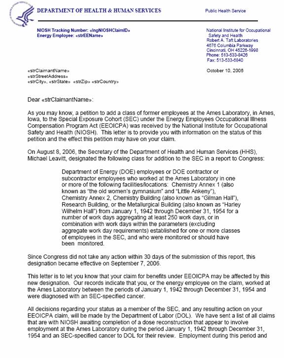 SEC Class Designation Claimant Notification for Ames Laboratory from January 1, 1942 through December 31, 1954