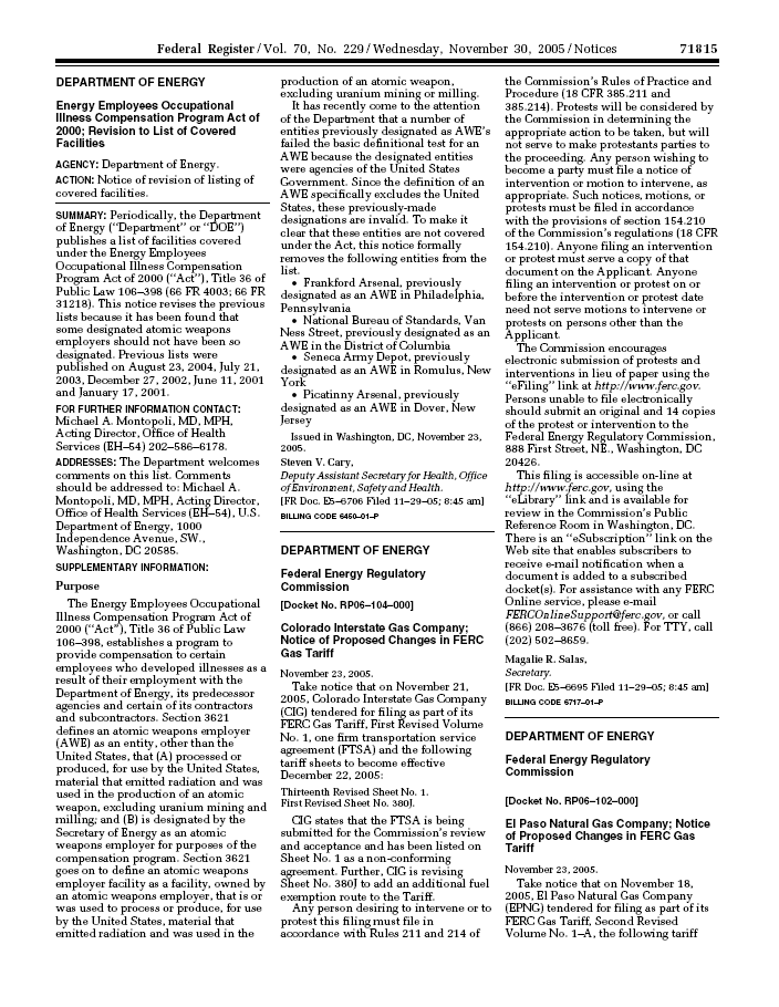 Federal Register Vol 70 No. Wednesday, November 30, 2005/ Notice of revision of listing of covered facilities