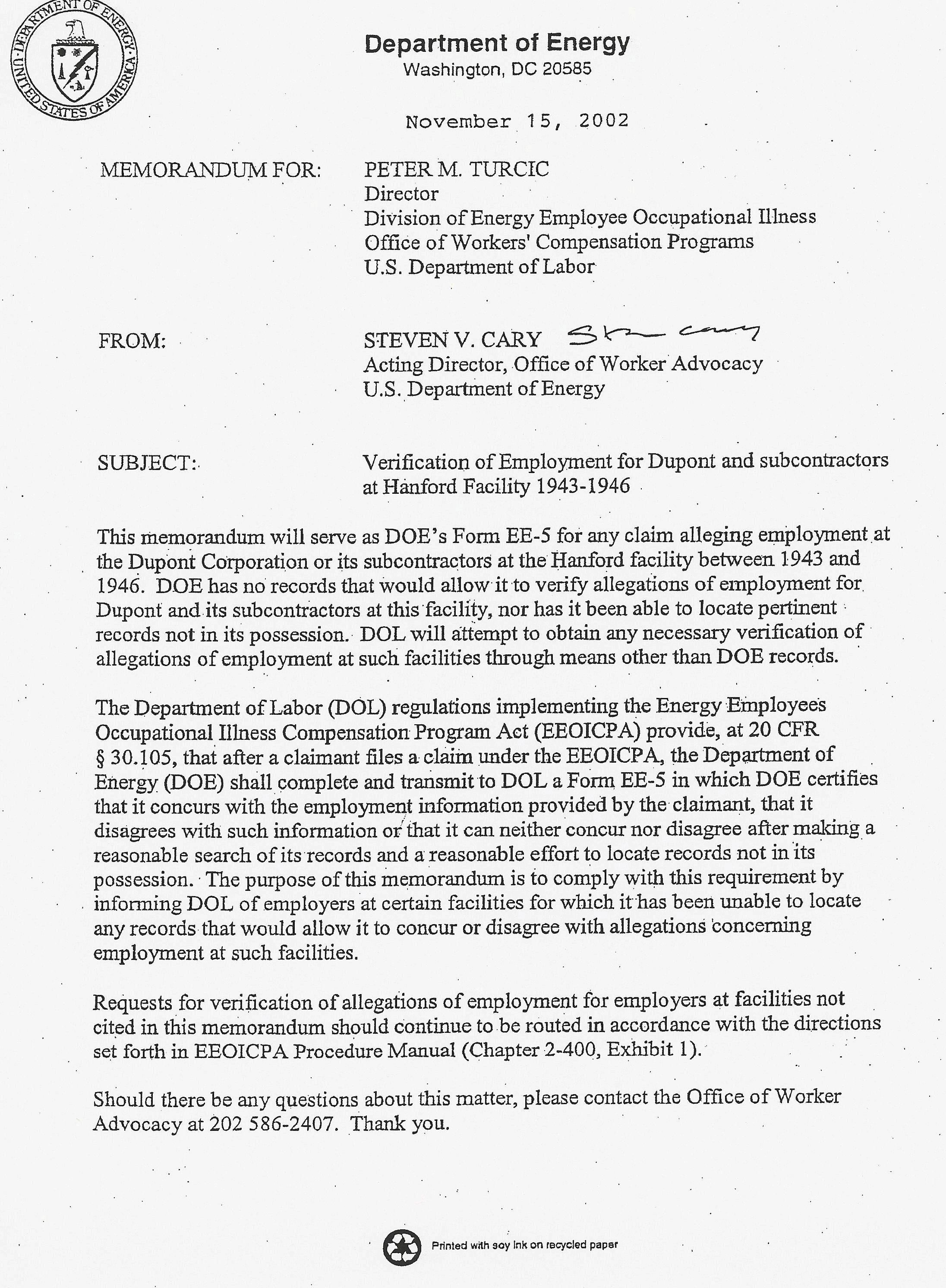 Memorandum: Verification of Employment for Dupont and subcontractors at Hanford Facility 1943-1946
