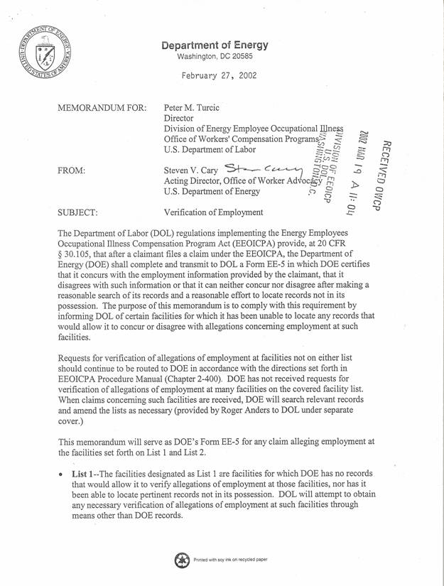 Memorandum: February 27, 2002 Verification of Employment