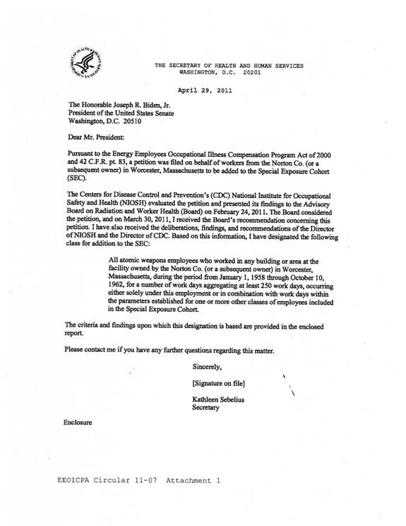 EEOICPA CIRCULAR NO. 1107 ATTACHMENT 1 U.S. Department of Labor