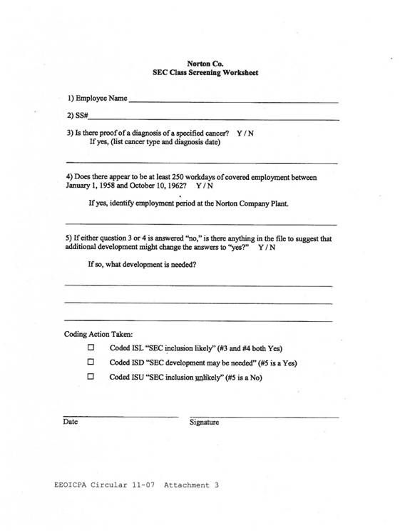 EEOICPA CIRCULAR NO. 1107 ATTACHMENT 3 U.S. Department of Labor