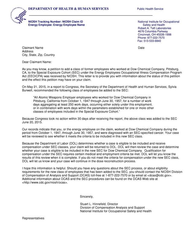 SEC Claimant Letter - Dow Chemical Pittsburg - no sig