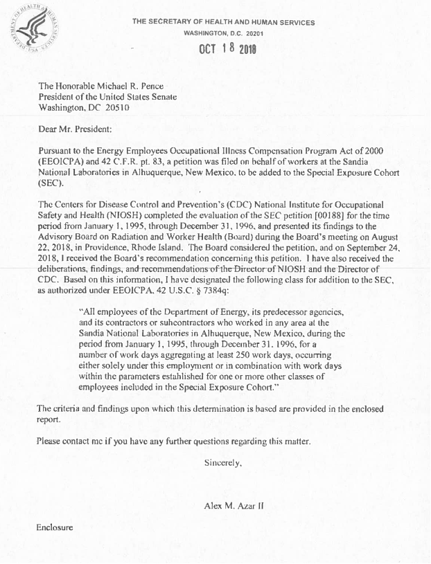 A copy of the Secretary’s letter to Congress recommending the designation as SEC Site
