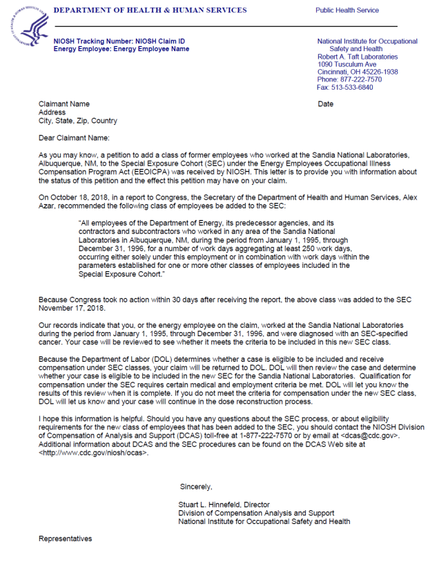 A copy of the NIOSH letter to affected employees at the facility is included as SEC Site