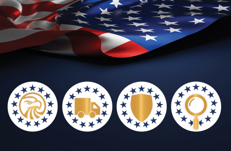 American flag draped with tool icons: an eagle head, a shipping truck, a shield, and a magnifying glass.
