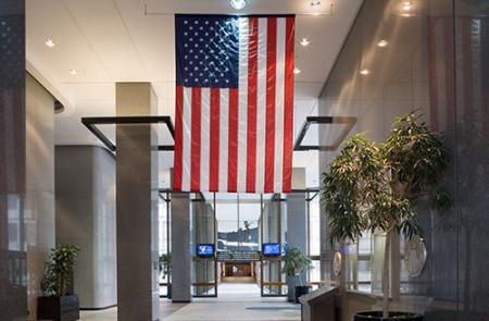hallway with suspended flag