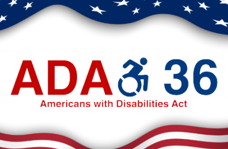 Patriotic-themed image with stars and stripes. Centered text reads, "ADA" in red and "36" in blue, with a wheelchair icon in between. Below, smaller text says, "Americans with Disabilities Act."