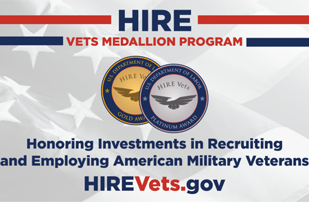 HIRE vets medallion program seals with text: Honoring investments in recruiting and employing American military veterans