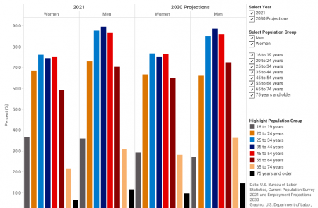 Labor force participation rate by age and sex